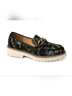 Corkys "Literally" Black Brocade Floral Loafer w/ Gold Chain Vintage Inspired
